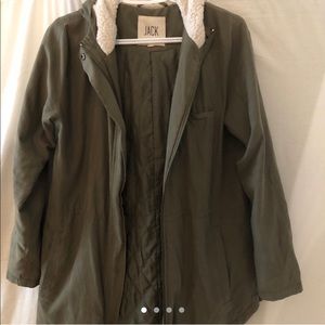 Army green coat with soft white hood